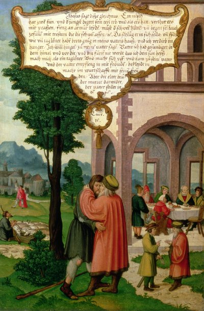 Das Gleichnis vom verlorenen Sohn, Abschnitt vom Mompelgarter Altar von Matthias Gerung or Gerou
